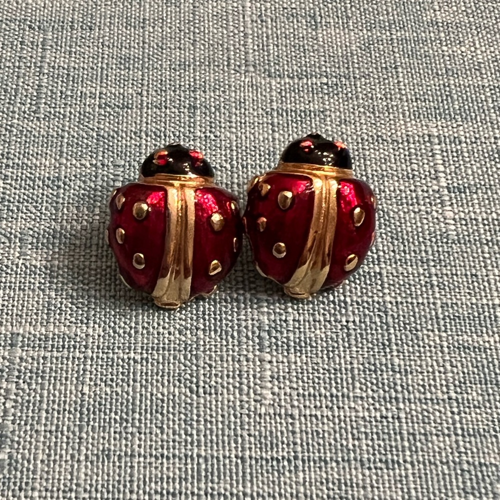 Adorable red enamel lady bug post earrings signed MOD